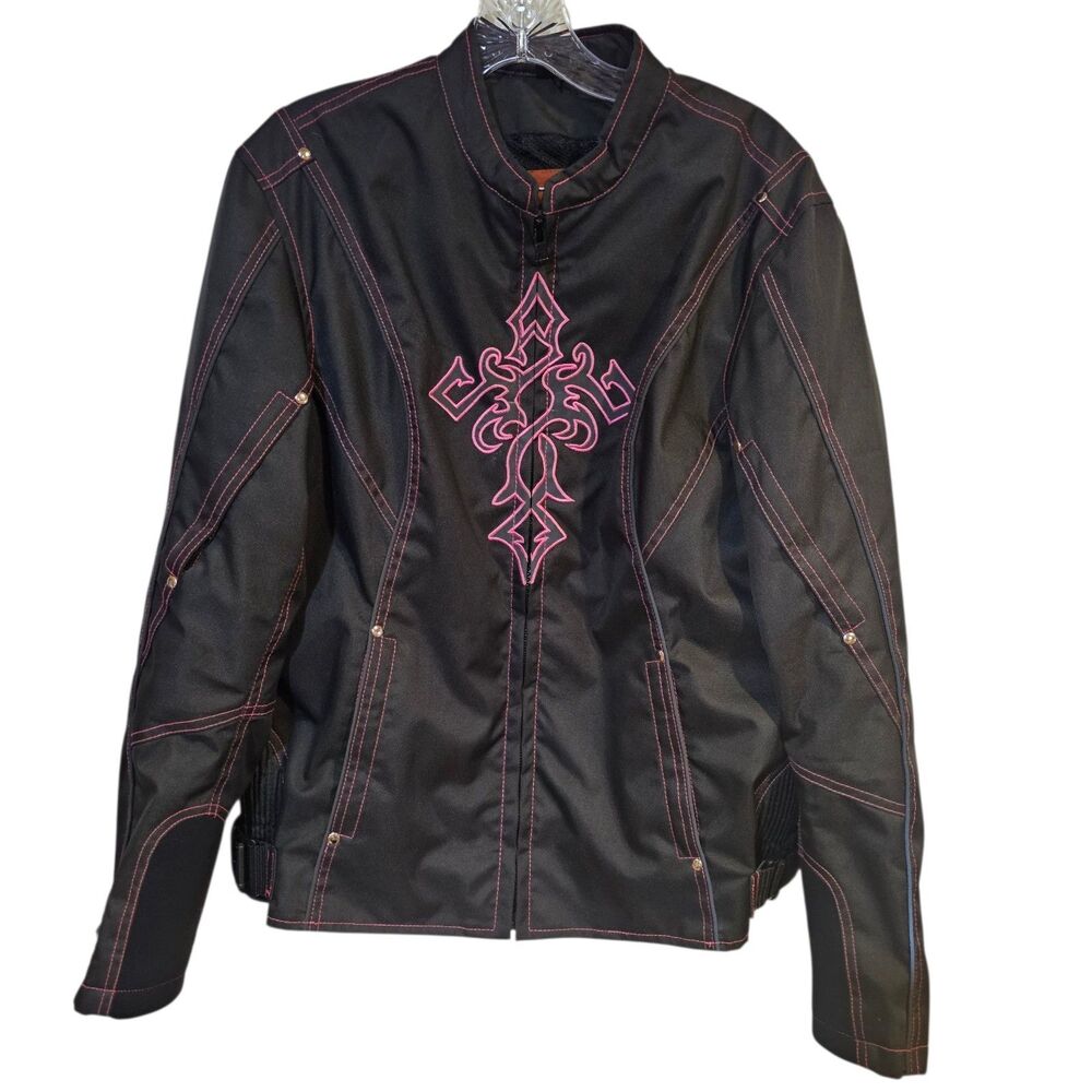 Leon Leather Co Inc Black With Pink Stiching Motorcycle Jacket Women's‎ Size XL